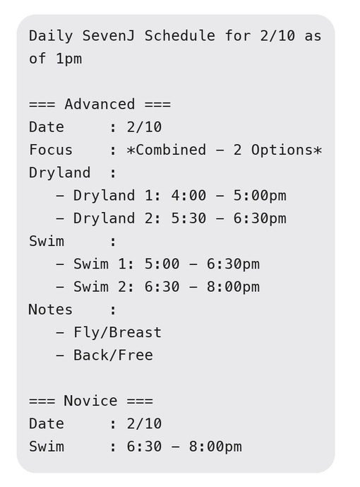 Sample daily SevenJ Swim schedule text